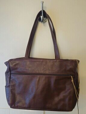 Women's Brown Leather Tote Bag with Front Zip Pocket